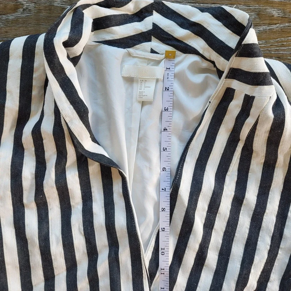 HM Womens Black White Striped Linen Blend Blazer Jacket Size 6 Single Button